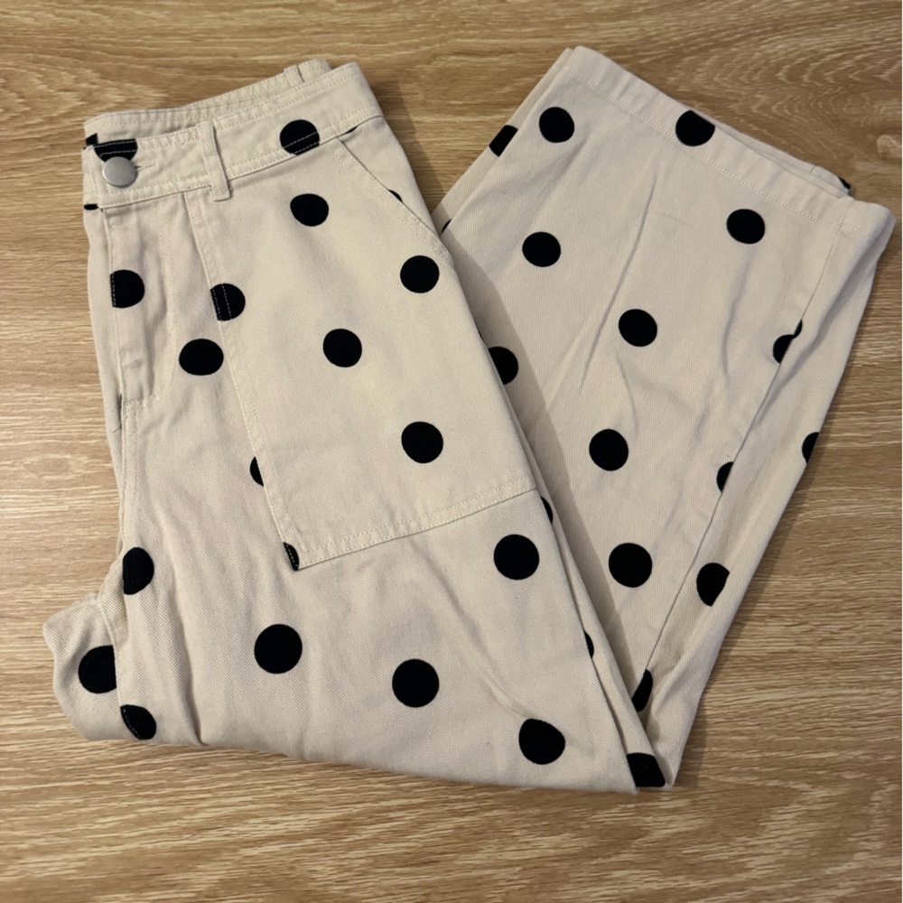 Who What Wear Cream and Black Polka Dot Straight Leg Jeans
